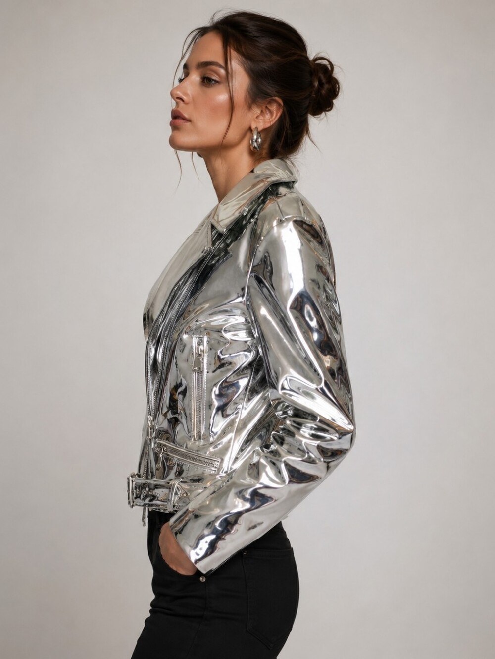 NWT Mistress Rocks Mirror Metallic Silver Motorcycle Womens Moto Jacket Sz Small